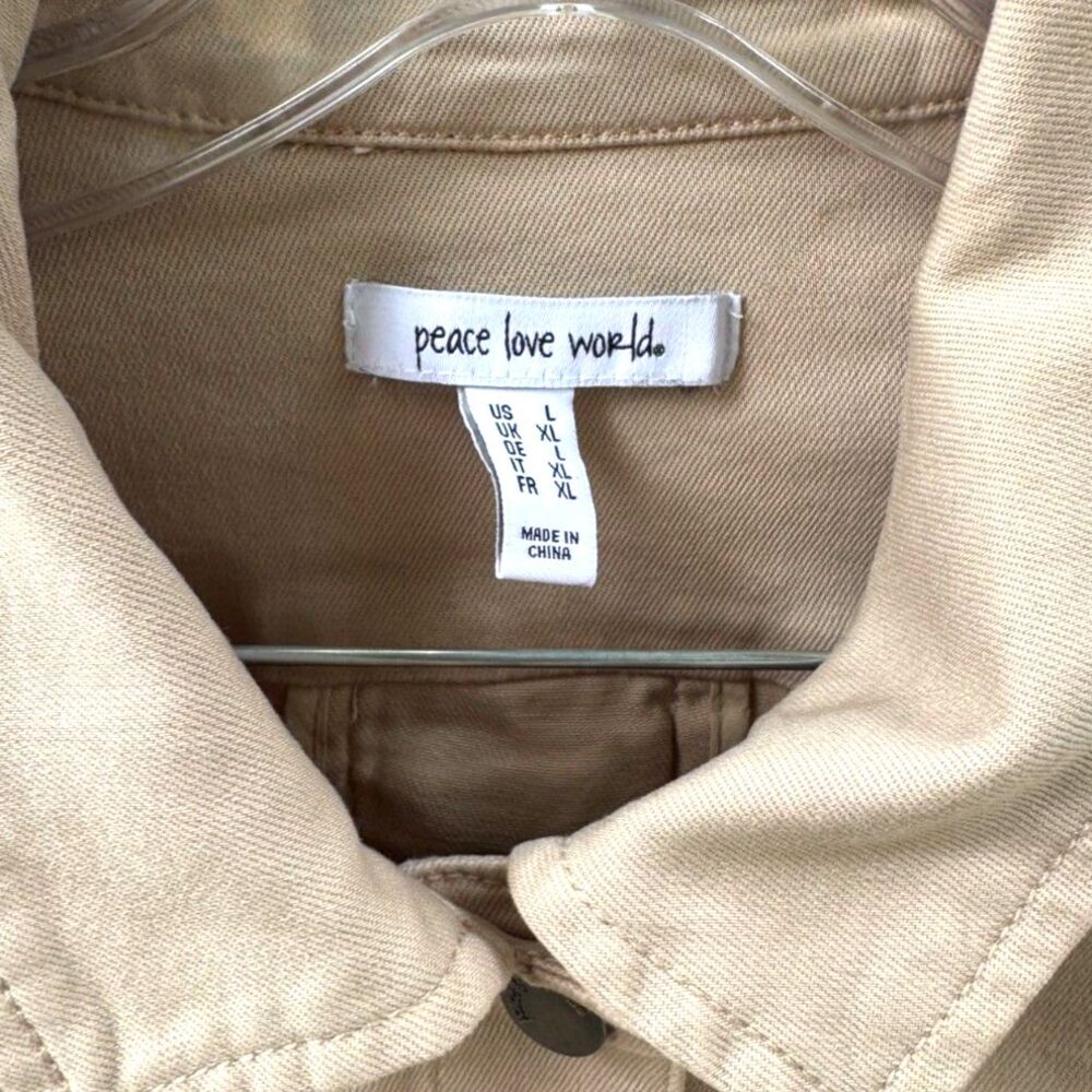 Peace Love World Cotton Beige Denim Jacket MultiColor Baseball Weave Detail SZ L - Picture 3 of 13